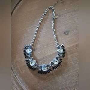 Silver Chain Necklace with Clear Crystal and Black Accent Stones